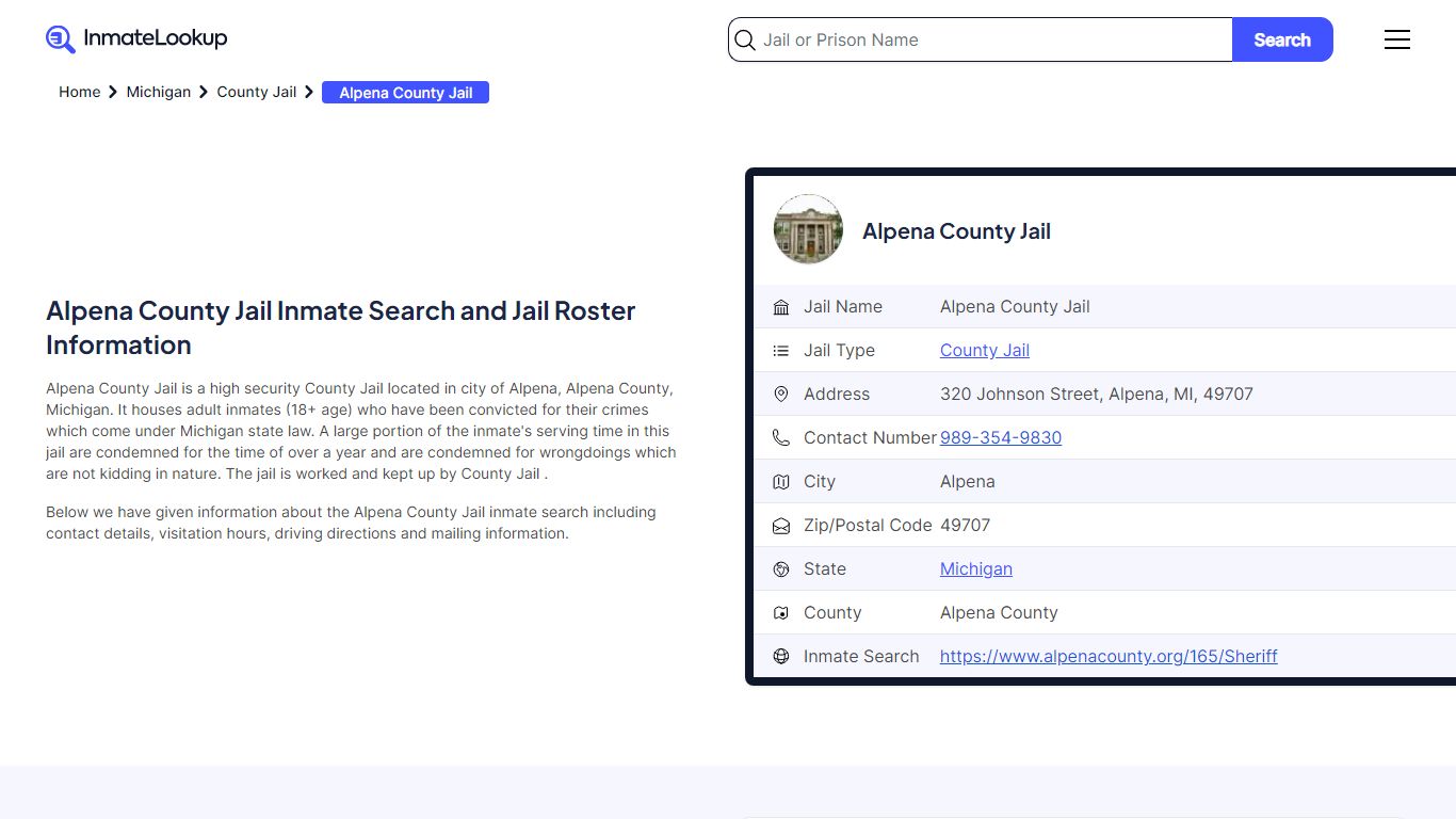 Alpena County Jail (MI) Inmate Search Michigan - Inmate Lookup